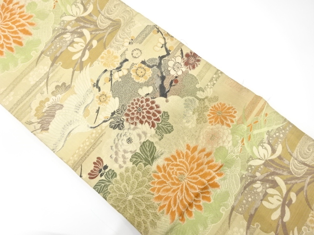 JAPANESE KIMONO / ANTIQUE MARU OBI / WOVEN CRANE & KIKU & UME & SNOWFLAKE